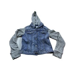 Mudd Blue Jean Jacket Girls Size 14 Knit Sleeves 4-pocket Front Hood Collar